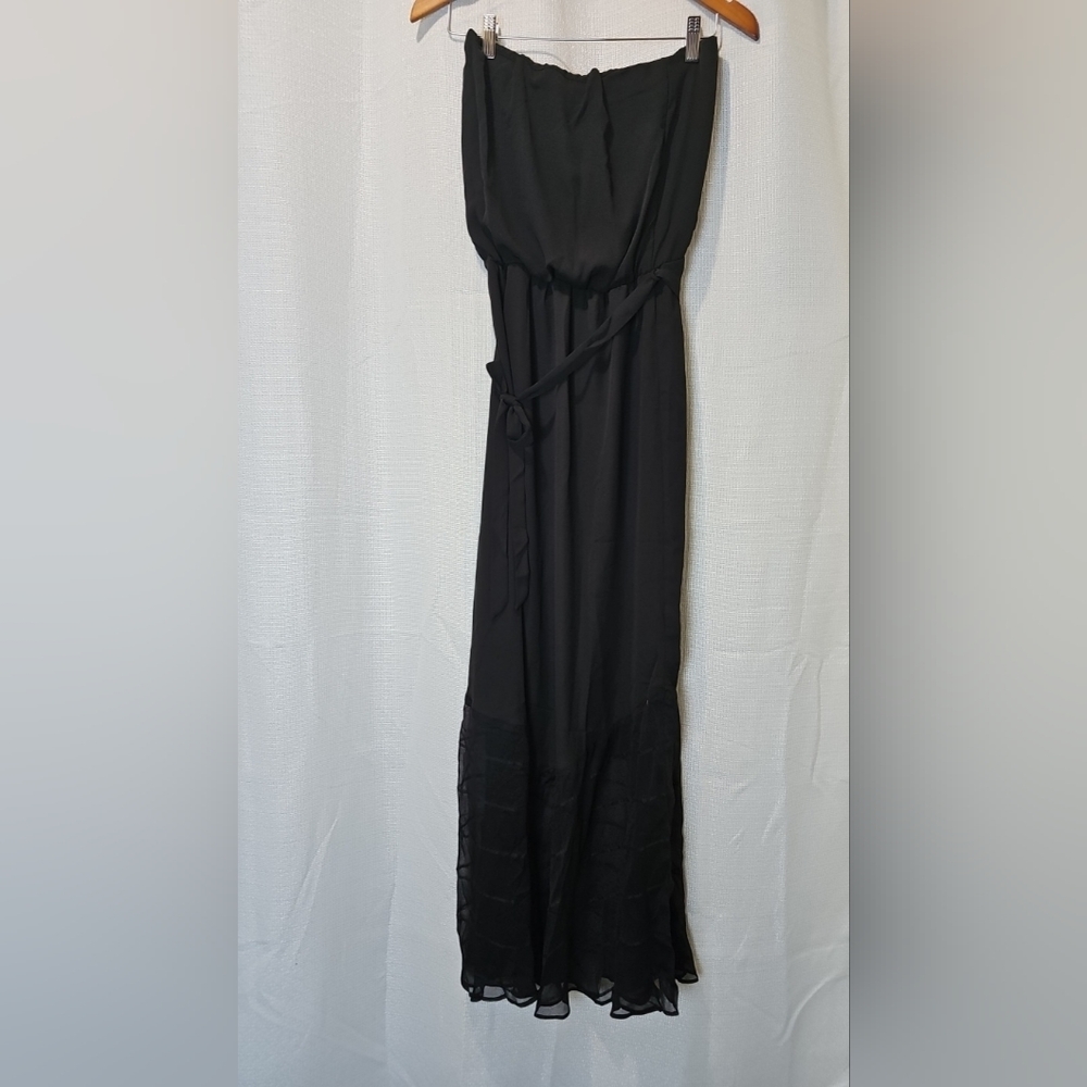 Black Strapless Maxi Dress with Waist Tie and Chiffon Hem